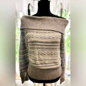 White House | Black Market Metallic Silver & Grey Cowl Off the Shoulder Sweater